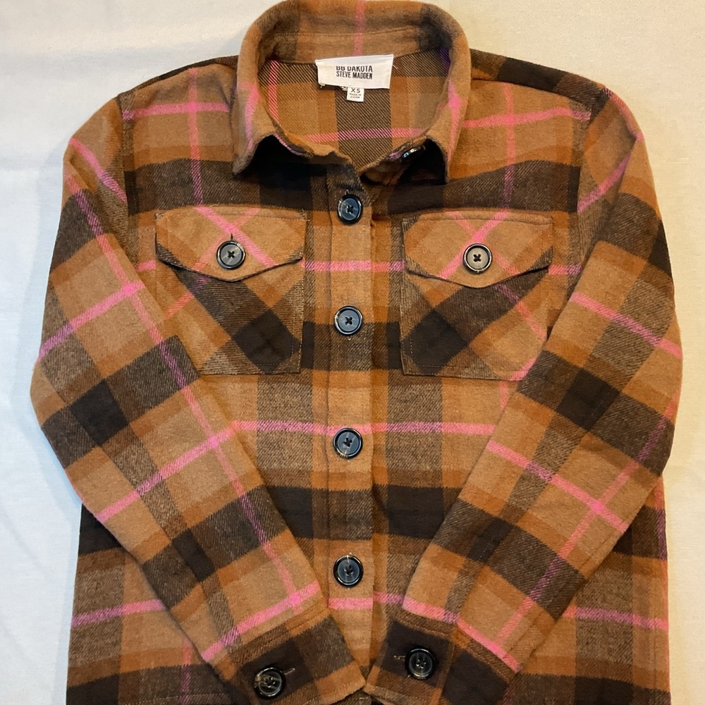 BB Dakota by Steve Madden Women's Long Sleeve Brown & Pink Plaid Jacket, Size XS